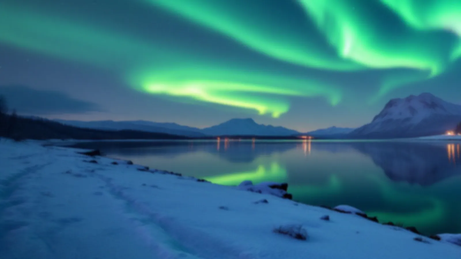 Green aurora ribbons over a calm snowy lake at night with soft reflections, the FinanceAurora view of personal loans online, $100 – $5,000